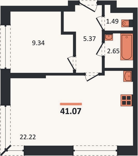 Планировка: 1-к, 41,1 м²