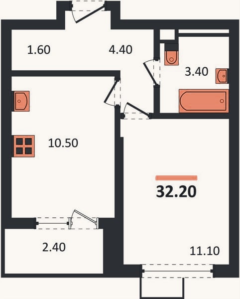 Планировка: 1-к, 32,2 м²