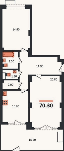 Планировка: 2-к, 70,3 м²