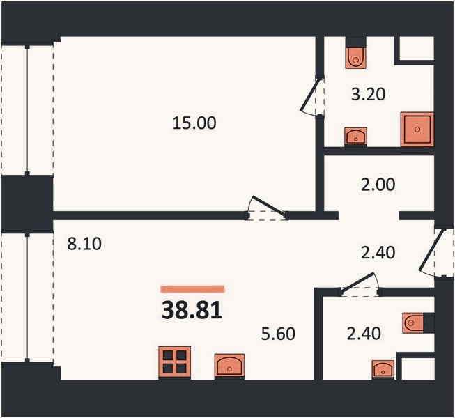 Планировка: 1-к, 38,8 м²