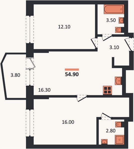 Планировка: 2-к, 54,9 м²