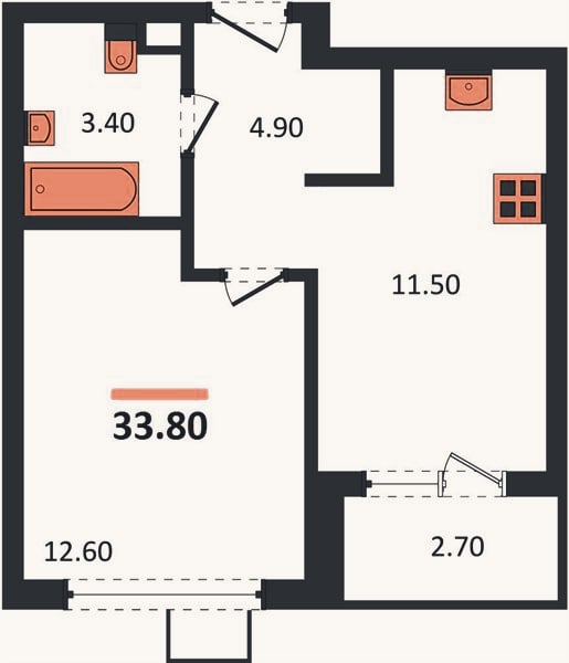Планировка: 1-к, 33,8 м²