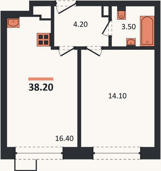 Планировка: 1-к, 38,2 м²