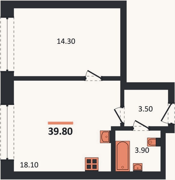 Планировка: 1-к, 39,8 м²