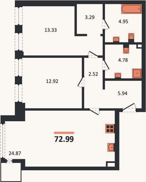 Планировка: 2-к, 73 м²
