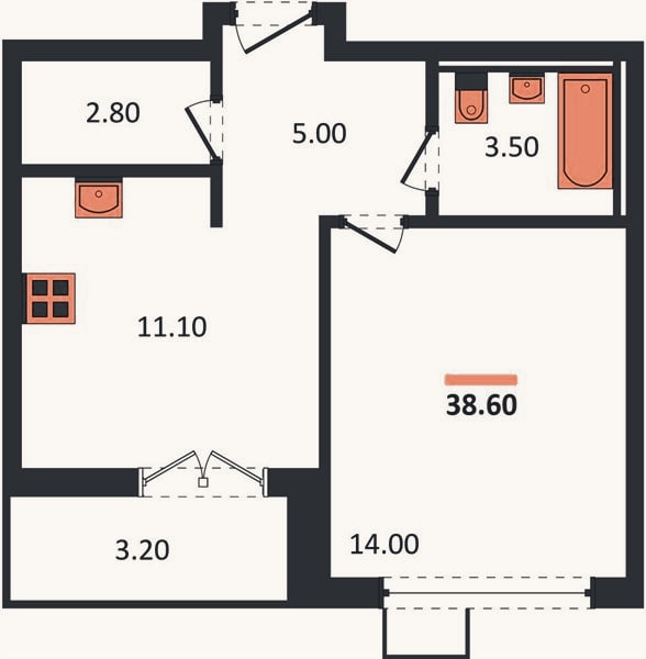 Планировка: 1-к, 38,6 м²