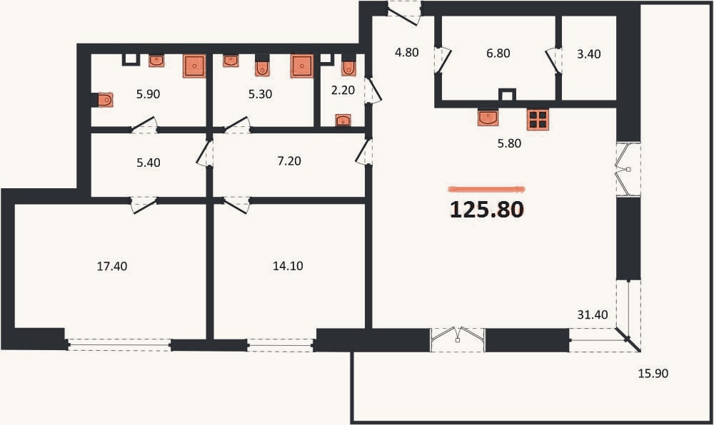 Планировка: 2-к, 125,8 м²