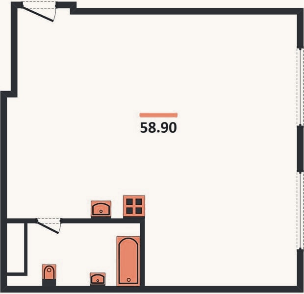Планировка: 2-к, 58,9 м²
