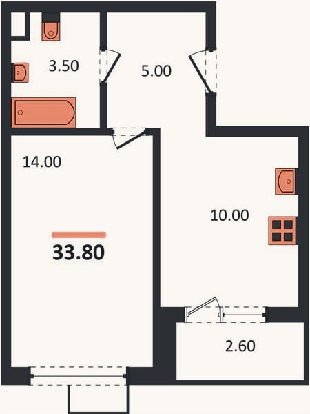 Планировка: 1-к, 33,8 м²