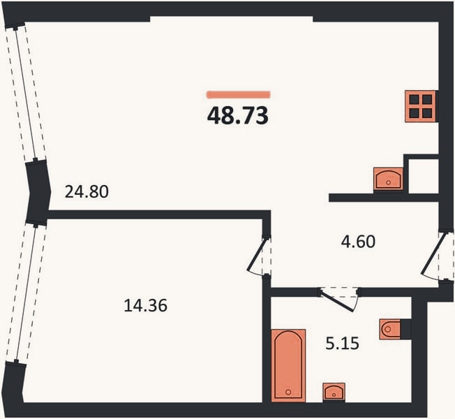 Планировка: 1-к, 48,7 м²