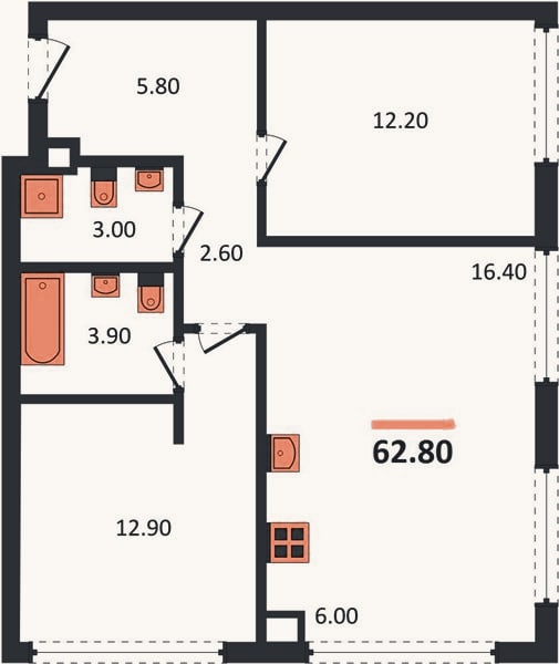 Планировка: 2-к, 62,8 м²