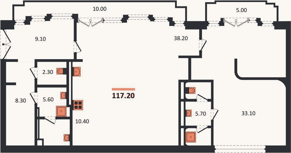 Планировка: 1-к, 117,2 м²