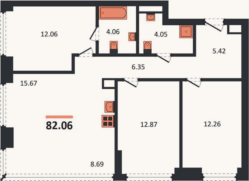 Планировка: 3-к, 82,1 м²