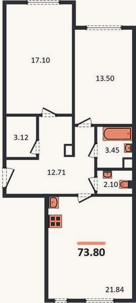 Планировка: 2-к, 73,8 м²