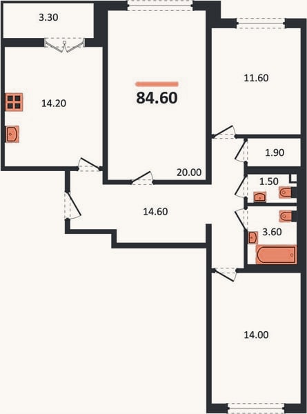 Планировка: 3-к, 84,6 м²