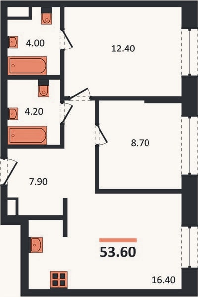 Планировка: 2-к, 53,6 м²