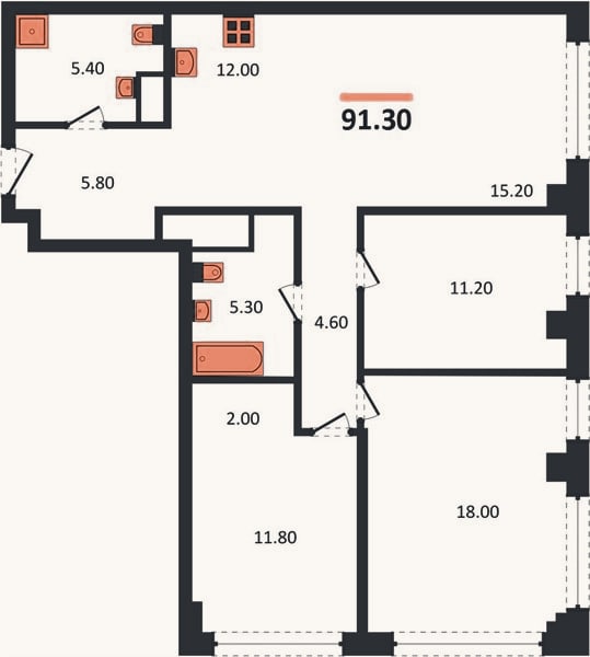 Планировка: 3-к, 91,3 м²