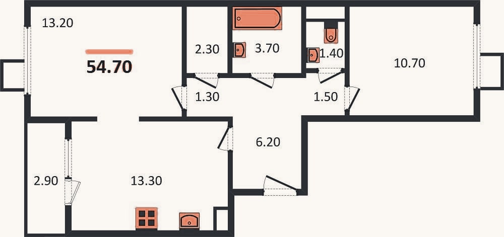 Планировка: 2-к, 54,7 м²