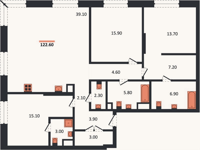 Планировка: 3-к, 122,6 м²