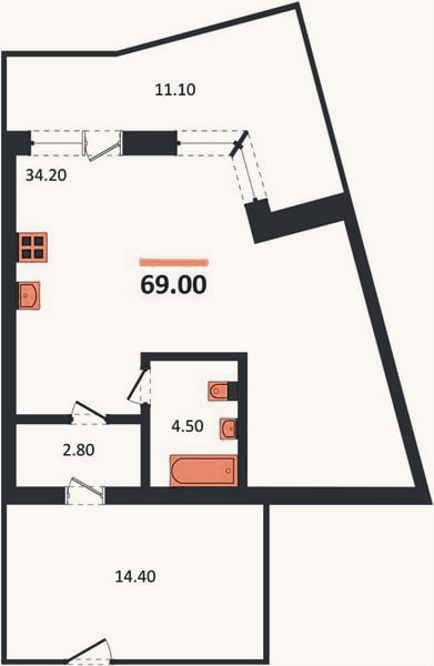 Планировка: Студия, 69 м²