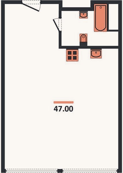 Планировка: 1-к, 47 м²