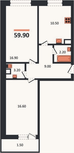 Планировка: 2-к, 59,9 м²