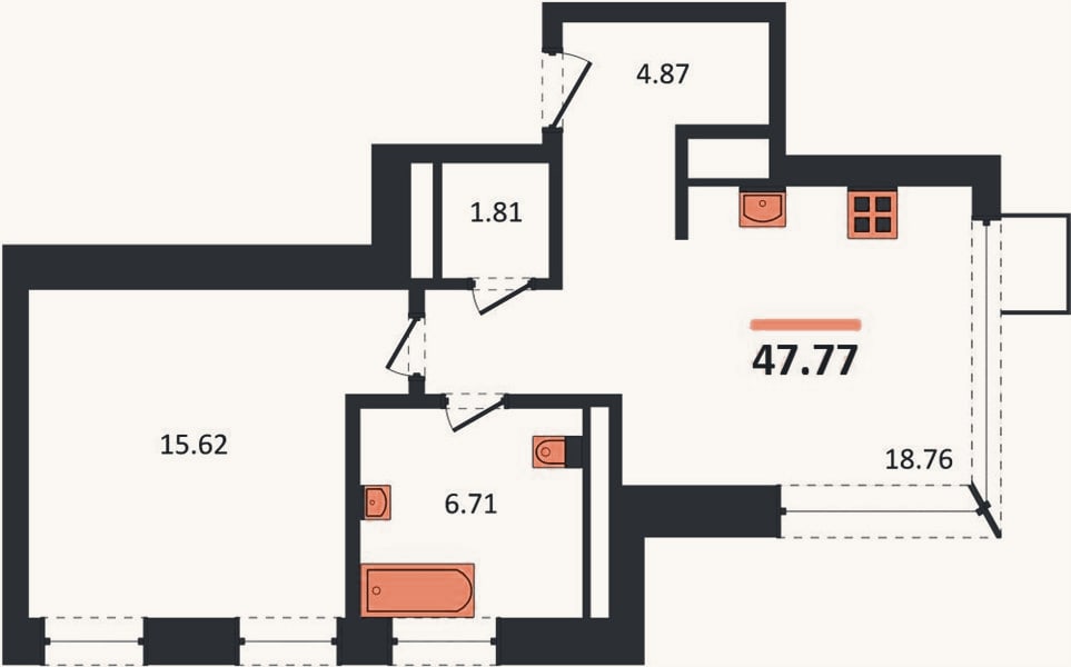 Планировка: 1-к, 47,8 м²