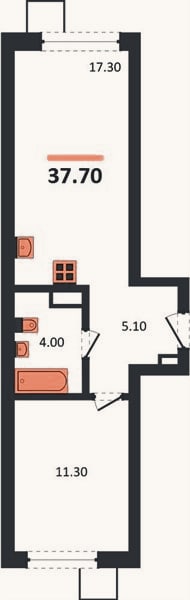 Планировка: 1-к, 37,7 м²