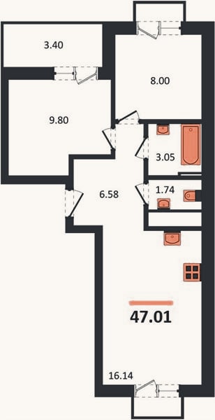 Планировка: 2-к, 47 м²