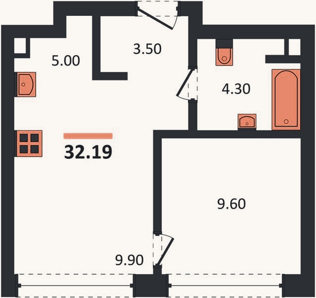 Планировка: 1-к, 32,2 м²