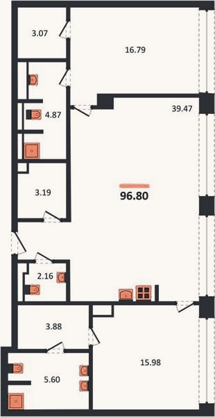 Планировка: 2-к, 96,8 м²