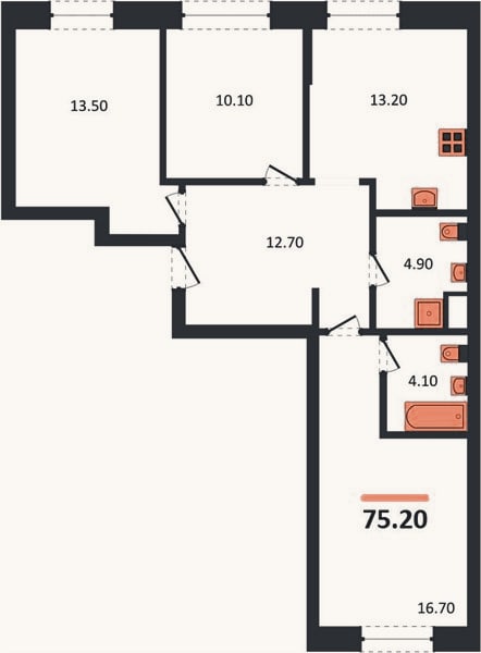 Планировка: 3-к, 75,2 м²