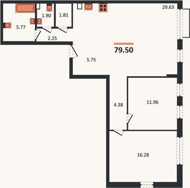 Планировка: 2-к, 79,5 м²