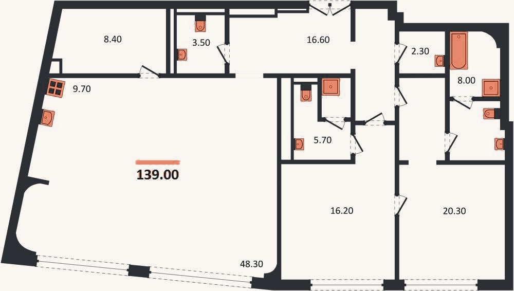 Планировка: 2-к, 139 м²