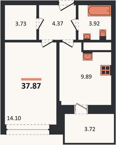 Планировка: 1-к, 37,9 м²