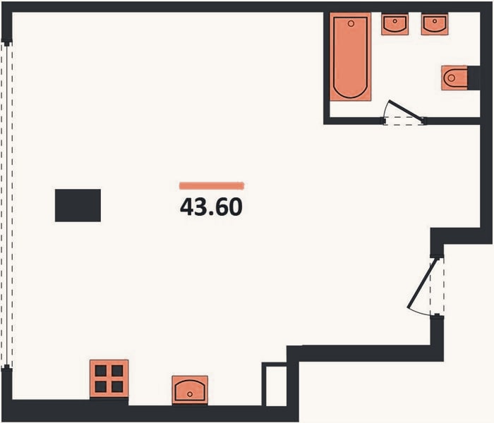 Планировка: Студия, 43,6 м²