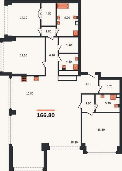 Планировка: 3-к, 166,8 м²