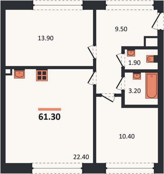 Планировка: 2-к, 61,3 м²