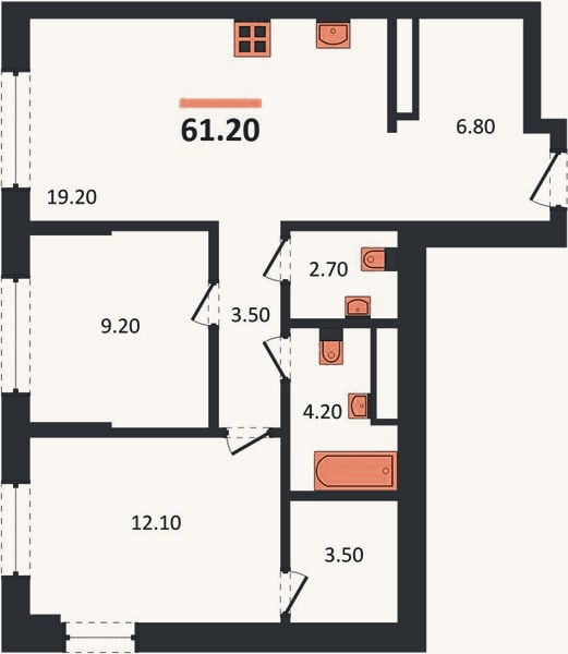 Планировка: 2-к, 61,2 м²