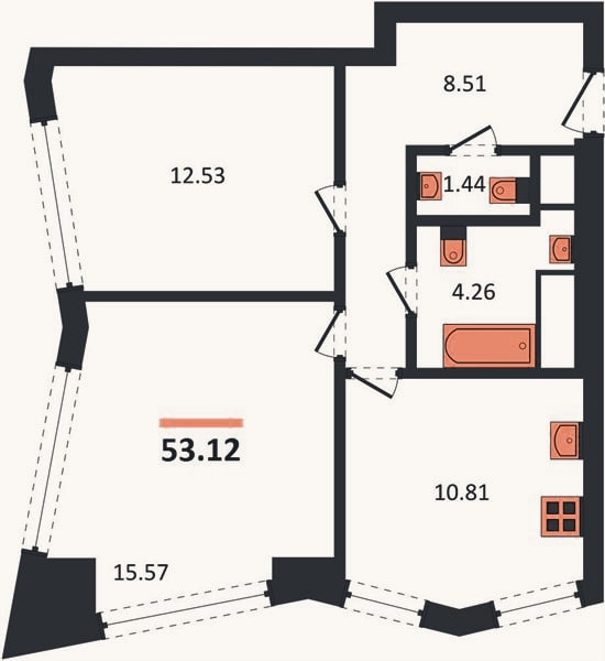 Планировка: 2-к, 53,1 м²