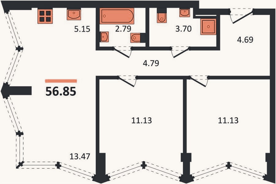Планировка: 2-к, 56,9 м²