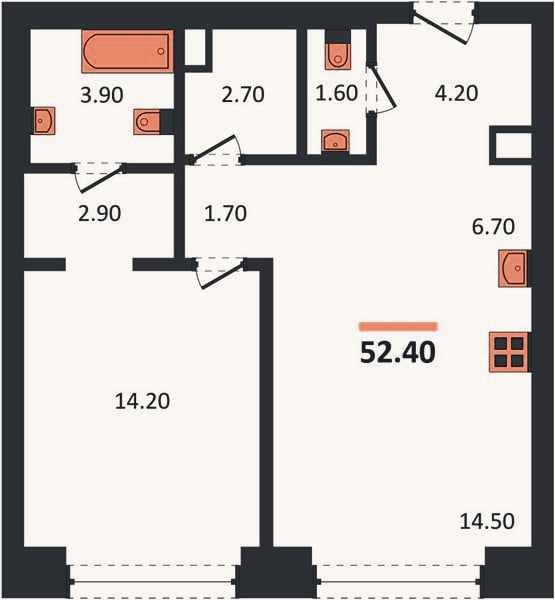 Планировка: 1-к, 52,4 м²