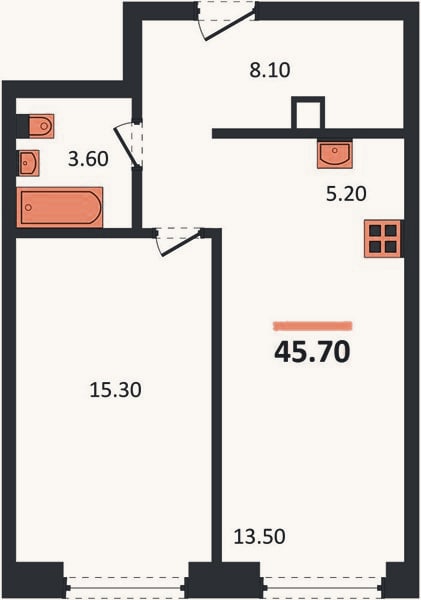 Планировка: 1-к, 45,7 м²