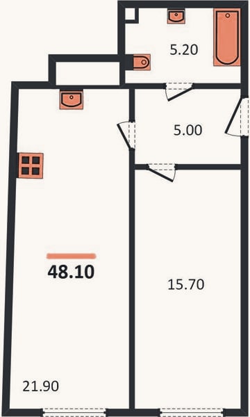 Планировка: 1-к, 47,9 м²