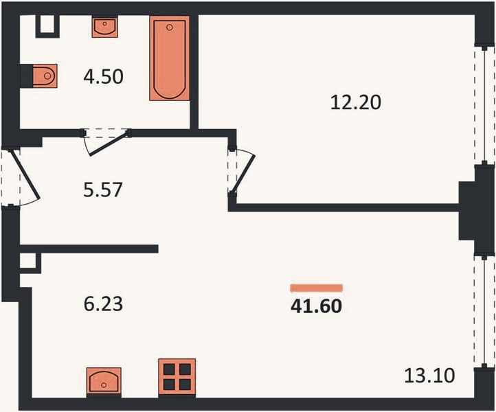 Планировка: 1-к, 41,6 м²