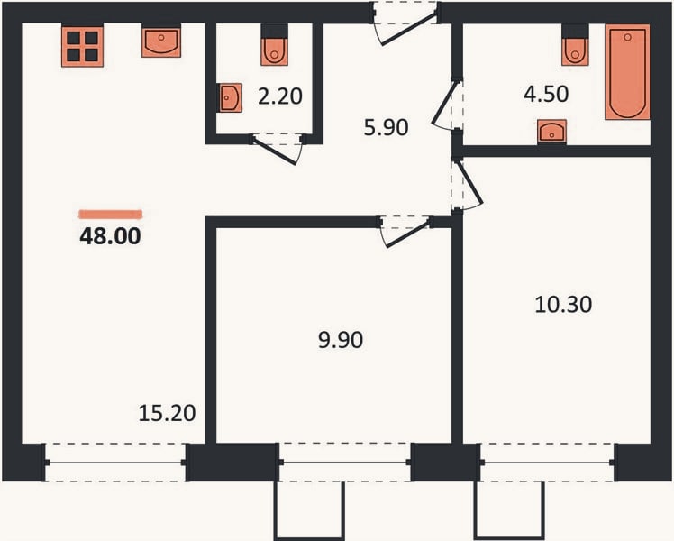 Планировка: 2-к, 48 м²