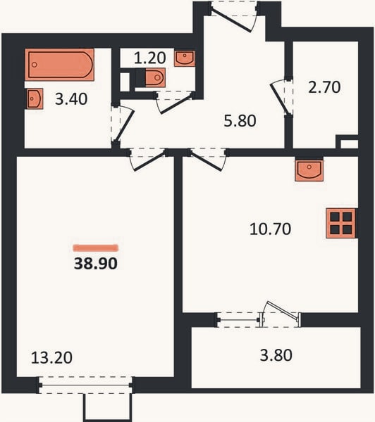 Планировка: 1-к, 38,9 м²