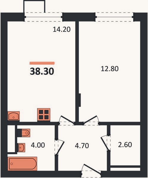 Планировка: 1-к, 38,3 м²