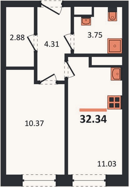 Планировка: 1-к, 32,3 м²