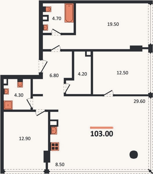 Планировка: 3-к, 103 м²